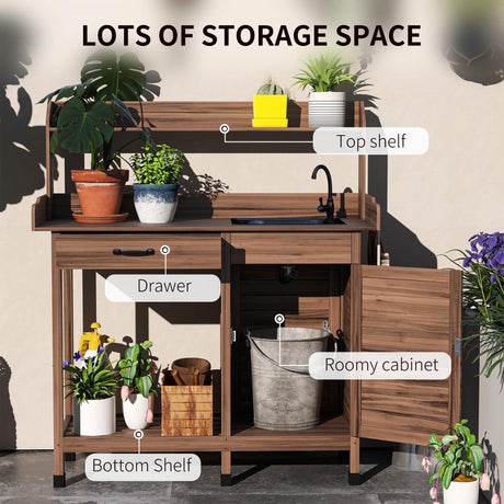 Outsunny Potting Bench Table with Sink, Outdoor Work Bench Table with Storage Cabinet, Hooks, Removable Sink, Faucet and Drawer for Greenhouse, Garden, Patio, Dark Brown Outsunny