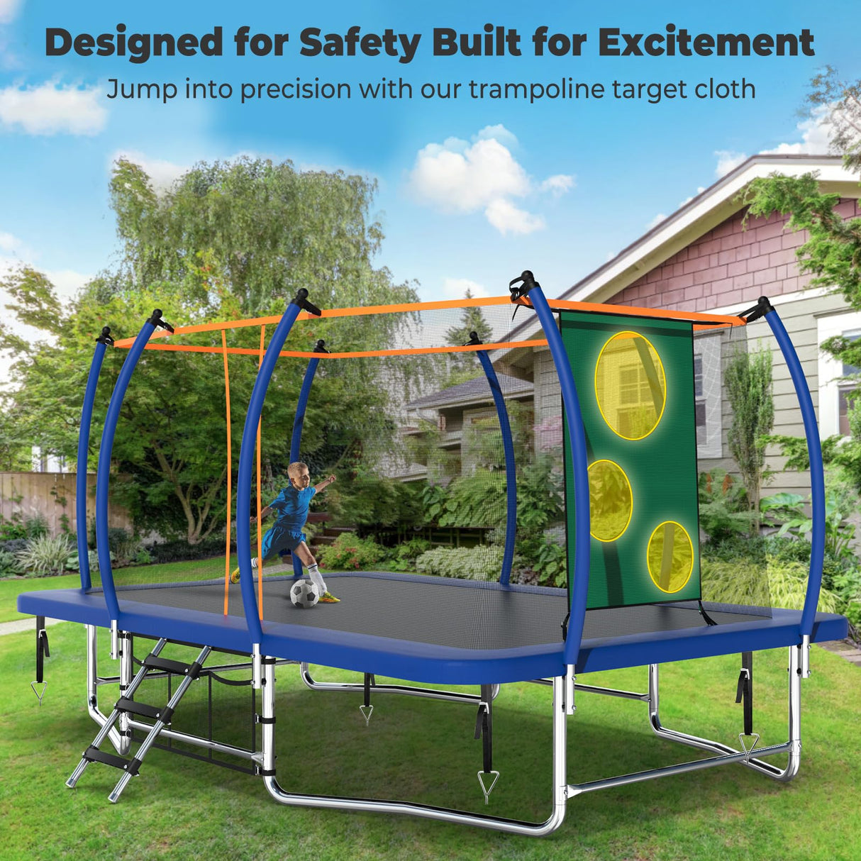 Lyromix 16FT Outdoor Rectangle Trampoline for Kids and Adults, Rectangular Trampoline with Curved Poles, Pumpkin Trampolin with Light, Sprinkler, Soccer and Storage Bag Lyromix