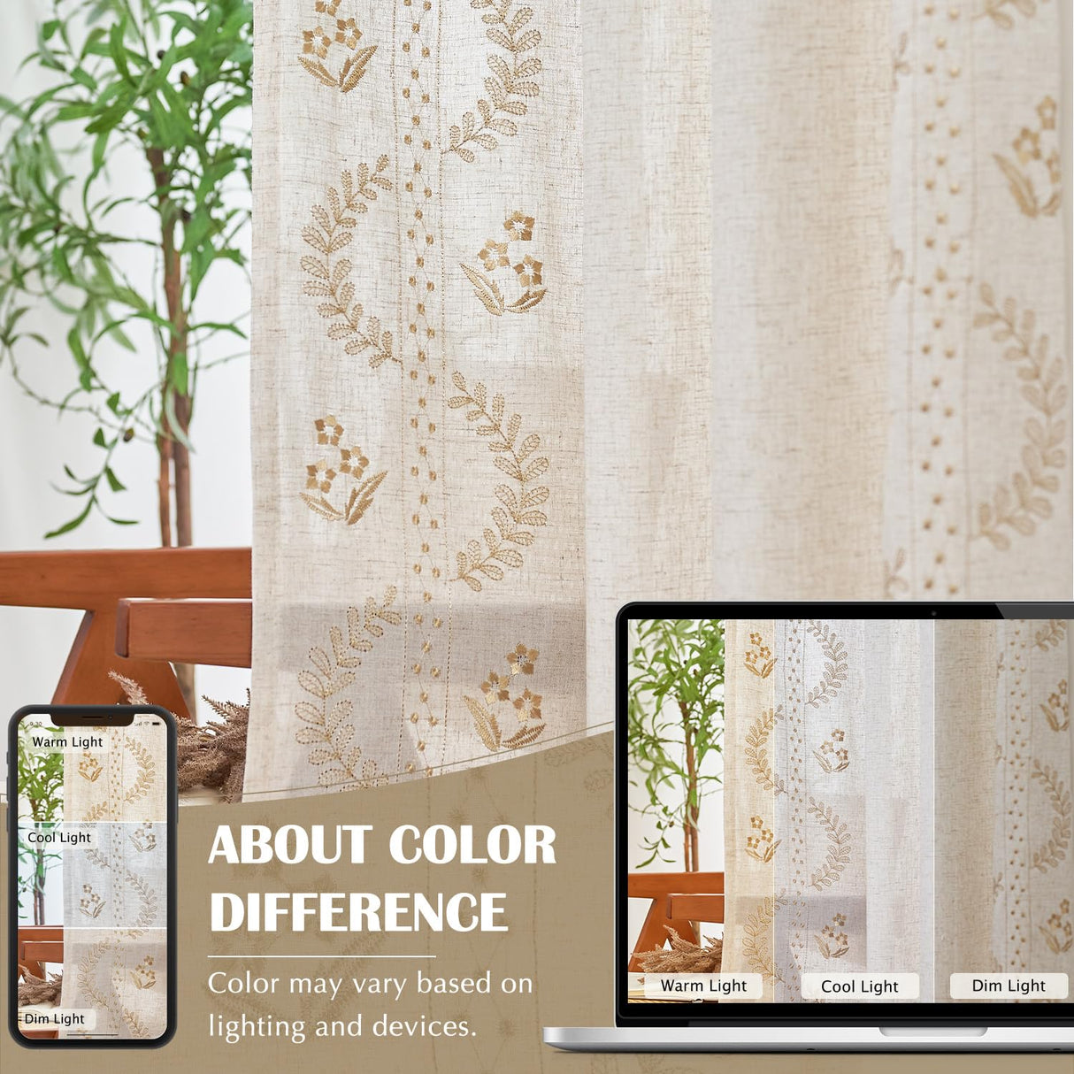 jinchan Linen Curtains for Bedroom Floral Curtains 108 Inch Length Linen Blend Beige Embroidered Drapes Farmhouse Flower Patterned Drapes for Living Room Window Treatments Set 2 Panels jinchan