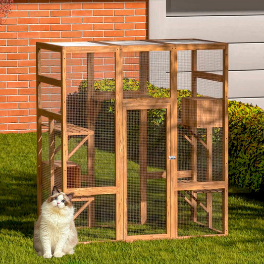 Wooden Outdoor Cat Enclosure, 4-Tire Large Wood Cat Cage with Sunlight Top Panel, Perches Sleeping Boxes Wooden Cat Playpen for Outdoor, Huge Cat House with Perch