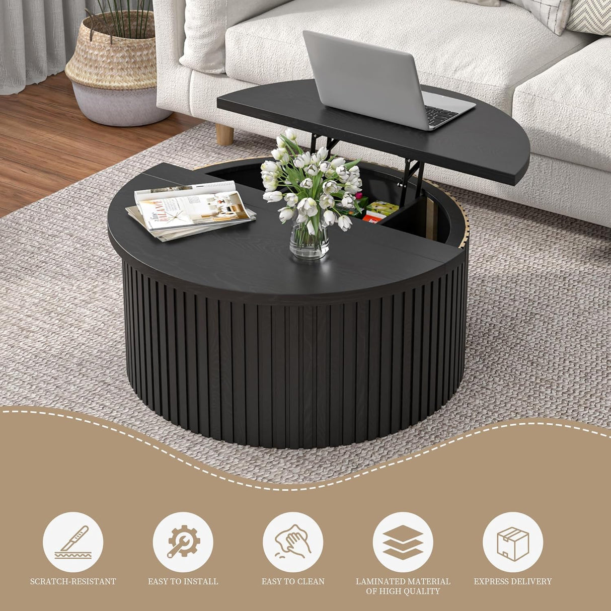 Fsbecl Lift Top Coffee Table with Storage, Round Coffee Tables for Living Room, 34.6In Farmhouse Fluted Coffee Table, Wood Center Table with Large Hiddern Storage Compartment (Black) Fsbecl