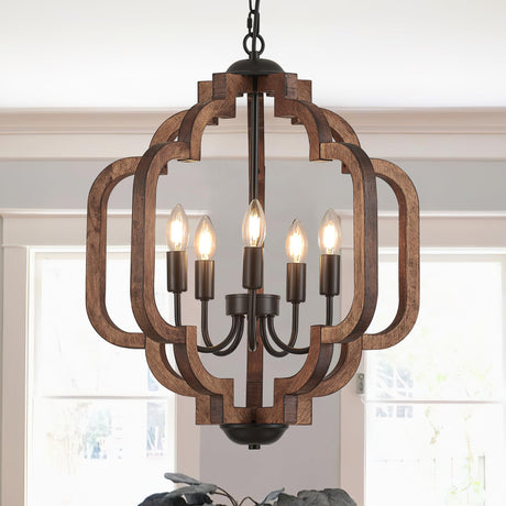 lighceac 20.5" Farmhouse Vintage Chandelier 5-Light for Dining Room Rustic Handmade Wood Hanging Ceiling Pendant Light Fixture for Entryway Brown Retro Chandeliers for Kitchen Bedroom Foyer Hallway lighceac