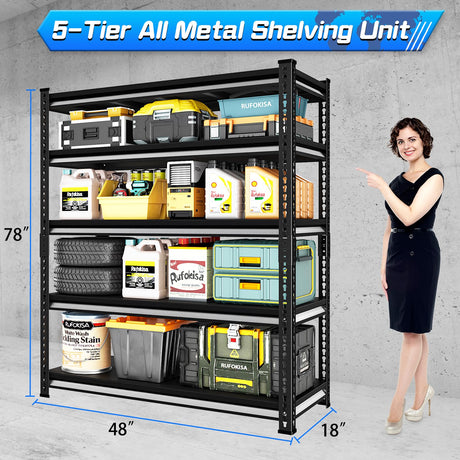 Rufokisa 48" W Garage Shelving Heavy Duty，2500LBS Loads Metal Shelving Units and Storage,5-Tier Garage Storage Shelves Heavy Duty, Industrial Utility Shelves,48”W x 18”D x 78”H(Black) Rufokisa