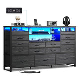 WLIVE Black TV Stand for 55, 60, 65 inch TV, Entertainment Center with LED Lights & Charging Station, TV Media Console Table with 15 Fabric Drawers and Open Shelves for Living Room, Hallway, Wood Top WLIVE