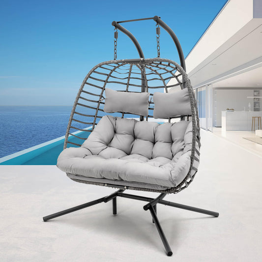 2 Person Hanging Egg Chair with Stand for Outdoor, Patio Hand Made Rattan Wicker Double Egg Swing Chairs Hammock Chair with UV Resistant Cushion and Metal Frame, Porch Swing Loveseat for Backyard