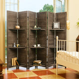 Room Divider with Shelves, 5.6 Ft Tall Folding Wood Screen with Double Hinges for Home Office Bedroom Hotel Decoration (6 Panels, Brown) Svimi