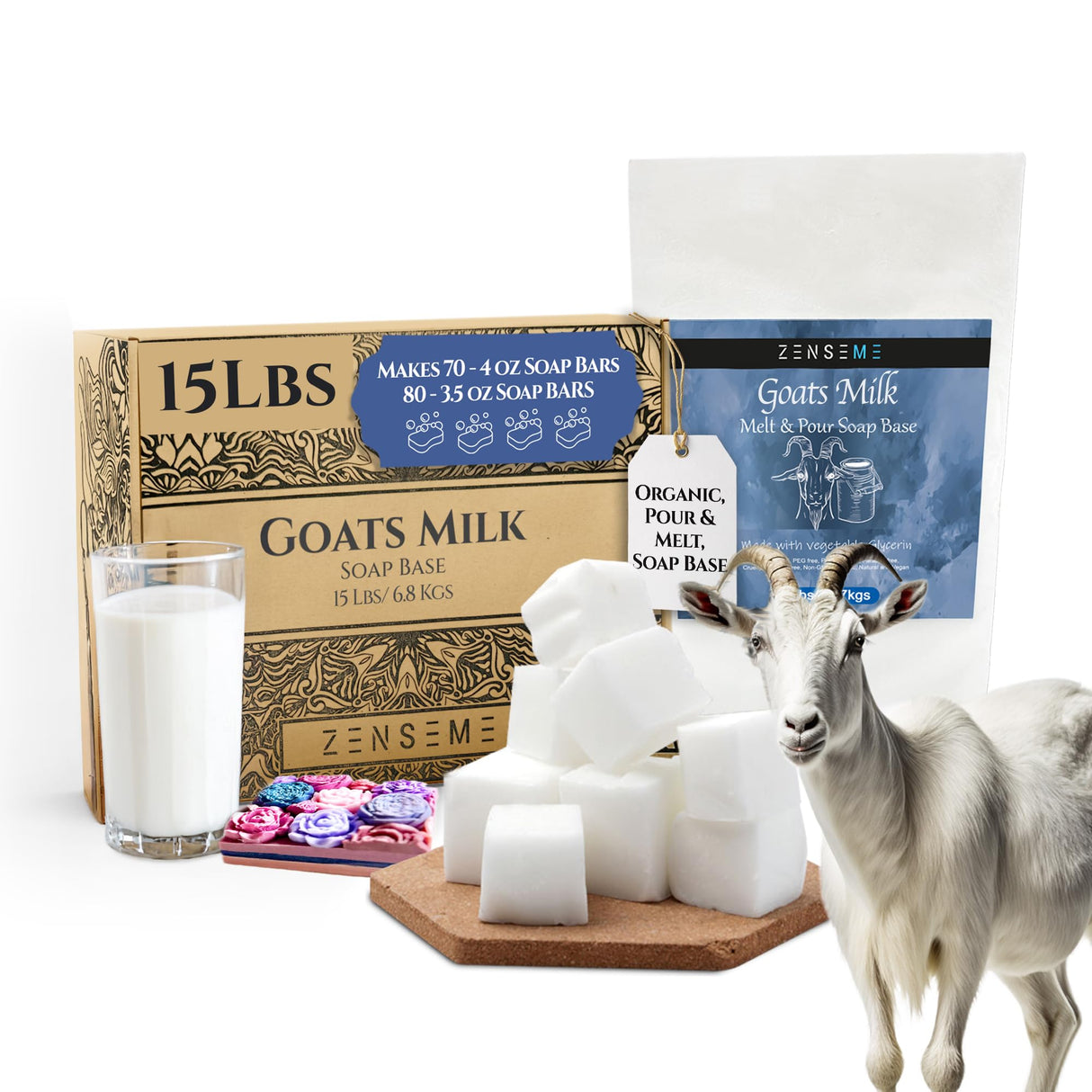 15 LBS Goats Milk Soap Base - Melt and Pour Supplies Kit for Soap Making - SLS/SLES & PEG free - Gentle & Natural Organic Vegetable Ingredients - Make Your Own Bulk For Adult Soapmaker - Easy to cut ZenseMe