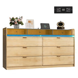 WLIVE 9 Drawer Led Dresser for Bedroom, 58.35'' Wide Wood Dresser Storage Organizer with Power Outlets for 65'' TV, Dressers with Open Shelves, Chest of Drawers for Closet, Living Room, Light Oak WLIVE