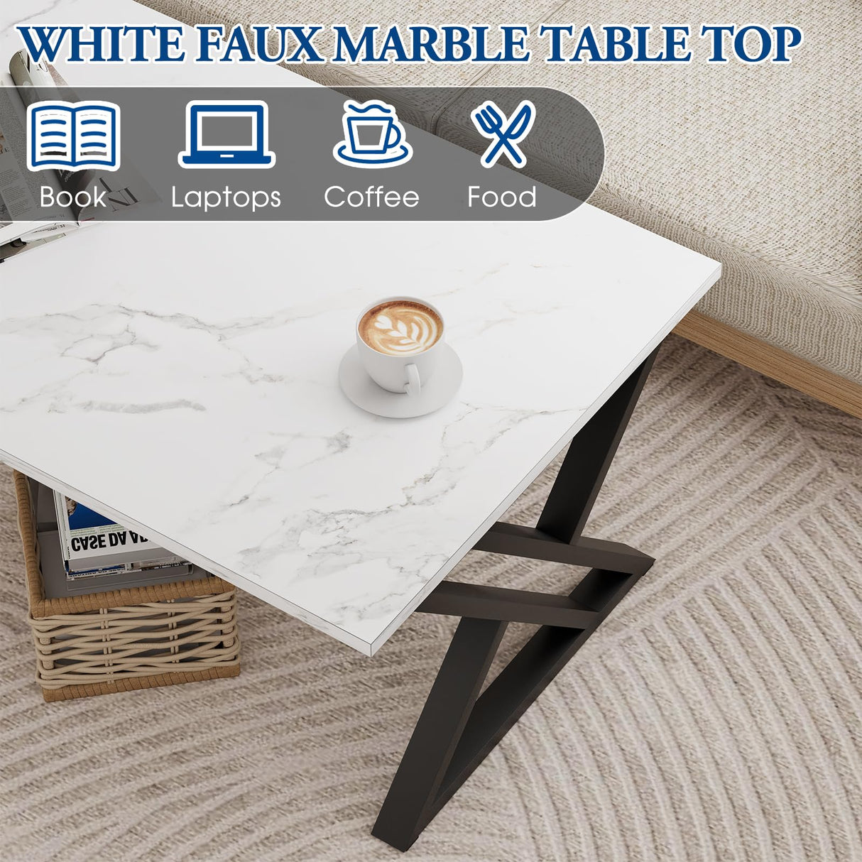 Wolawu Coffee Table White Living Room Center Table, Simple Modern Faux Marble Rectangular Tea Table with Sturdy Black Metal Frame,Industrial Wooden Coffee Table for Bedroom Home Office Wolawu