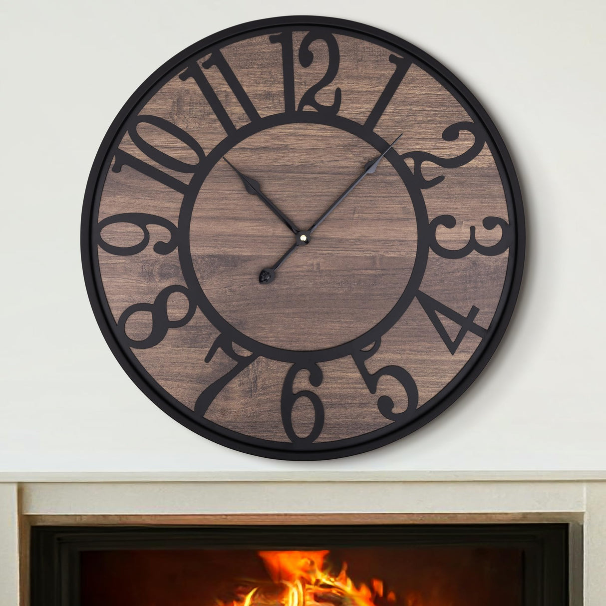 LEIKE Large Wall Clock,Silent,Non Ticking,Battery Operated Round Modern Big Wood Wall Clocks for Living Room, Bedroom,Kitchen,Farmhouse,Office,Rustic Home Decor-16 Inch/40CM-Black-Arabic Number LEIKE