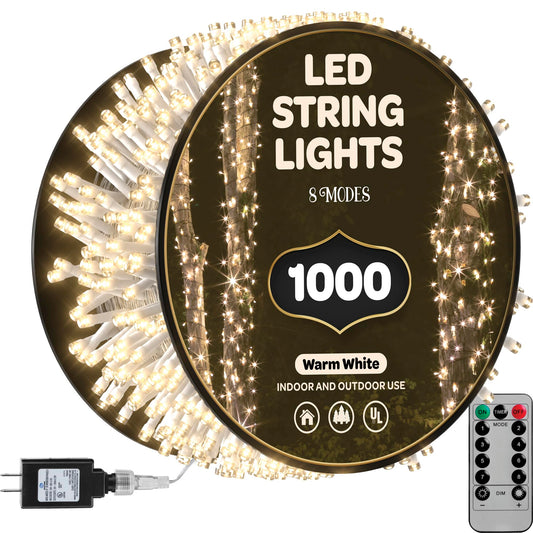 1000 LED Christmas Lights [Warm-White] 400ft Super Long String Lights - Remote with 8 Modes/Timer/dimmable - UL Approved for Indoor/Outdoor Use - For Holiday/Christmas/Party/Decorations (clear wire)