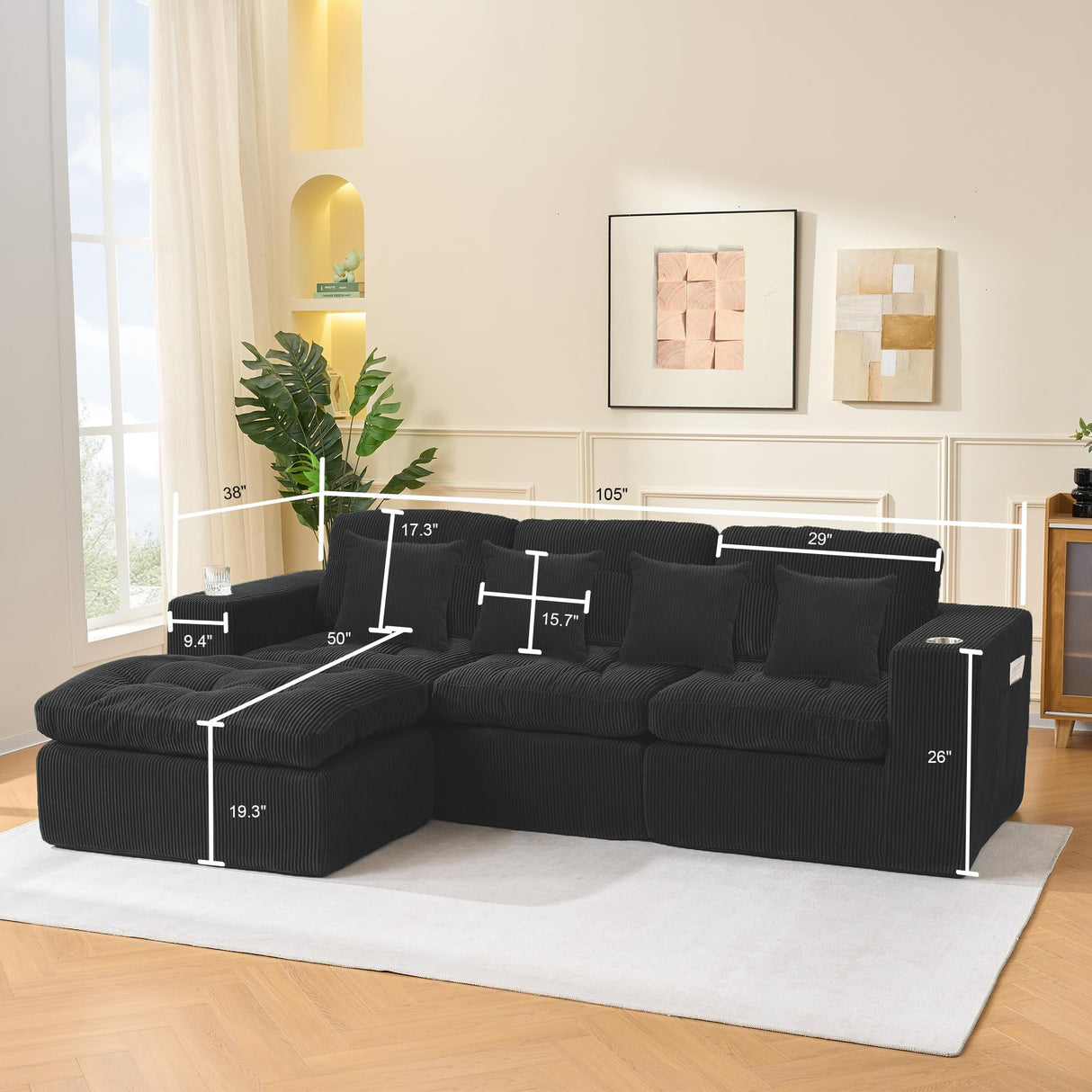 Hretanant Black L Shaped Modular Cloud Sectional Sofa, Comfy 3 Seater Sectional Couches for Living Room with Cup Holders, Modern L Shape Sofa Set for Living Room Bedroom, Black Hretanant