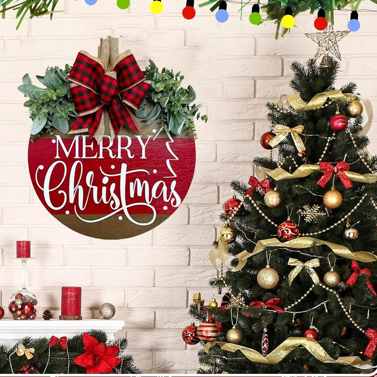 Merry Christmas Door Hanger Sign for Front, Chrismas Welcome Wooden Wreaths Sign with Bow for Winter Farmhouse Garden Porch Decorations (Christmas Door Sign) VQRZG