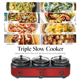 Elite Gourmet EWMST-325R Maxi-Matic Triple Slow Cooker Buffet Server Adjustable Temp Dishwasher-Safe Oval Ceramic Pots, Lid Rests, 3 x 2.5 Qt Capacity, Red Elite Gourmet