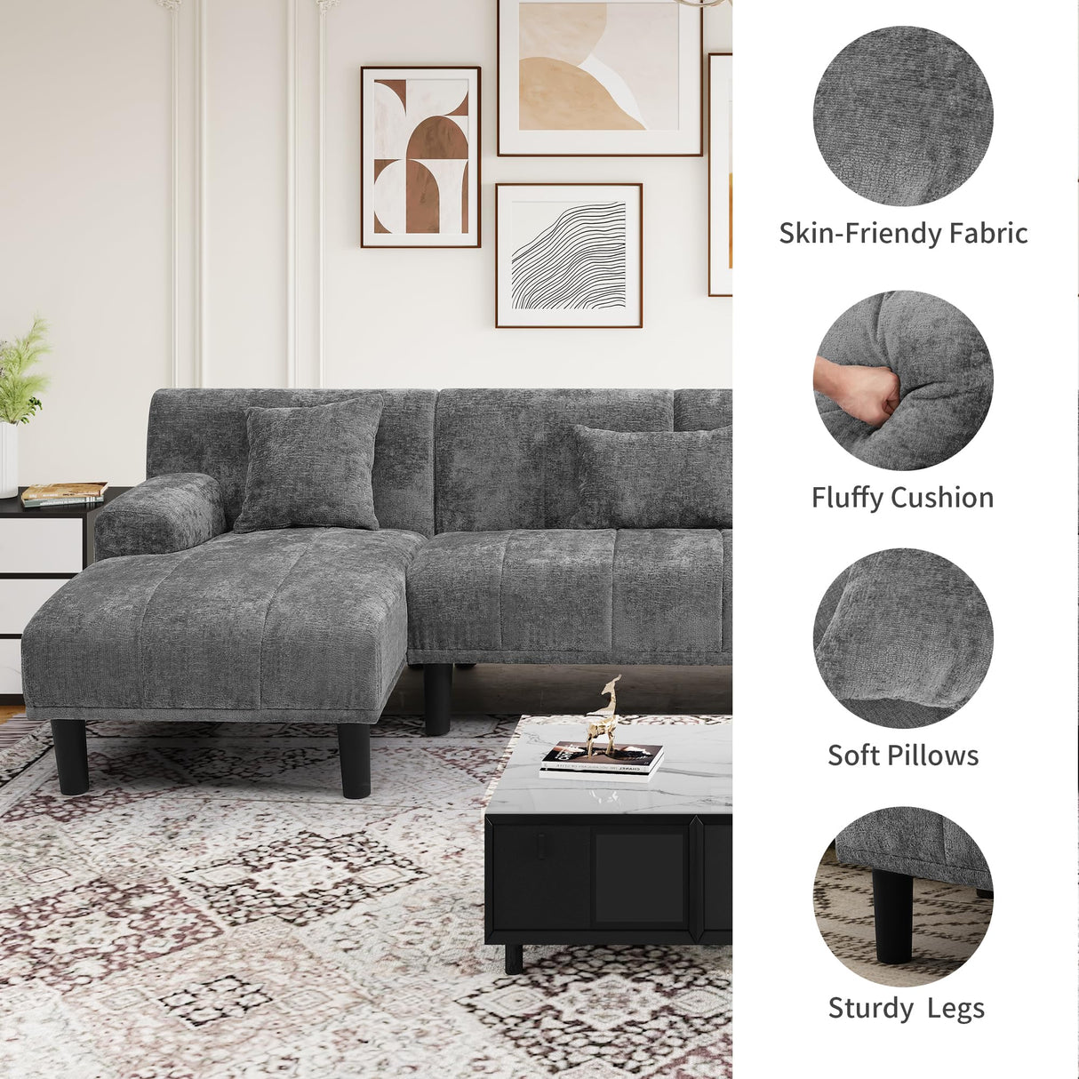 YITAHOMA Sectional Couches for Living Room, U Shaped Sofa Chenille Modern Couch with USB & Type C Charging Ports Double Chaise and Comfy Upholstered, Dark Grey YITAHOME