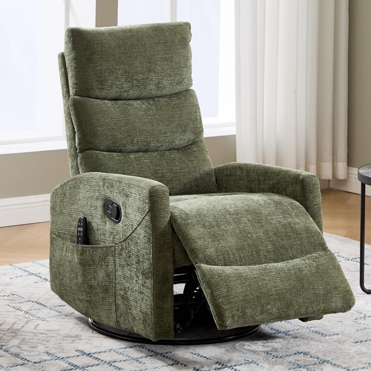 Trustyue Swivel Rocker Recliner Chair, 360° Swivel Recliner with Heat and Massage,Chenille Rocker Recliner Nursery Glider Recliner Chair with Side Pockets for Living Room Green Trustyue