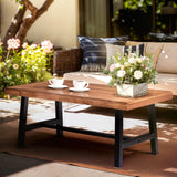 VINGLI Outdoor Wooden Coffee Table, Metal Frame Heavy Duty Patio Coffee Table for Outside, All Weather Solid Wood Low Outdoor Table for Balcony Porch and Deck, Rectangle VINGLI