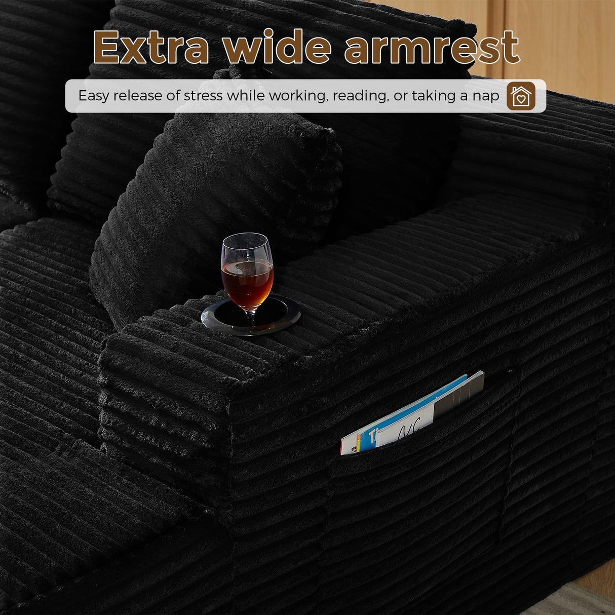 133" Oversized Cloud Boneless Sofa Couch with Chaise, Modern Corduroy U Shaped Modular Sectional Sofa with Deep Seat, Comfy Couch with Cupholders and Storage, No Assembly Required-Black VYNELITO