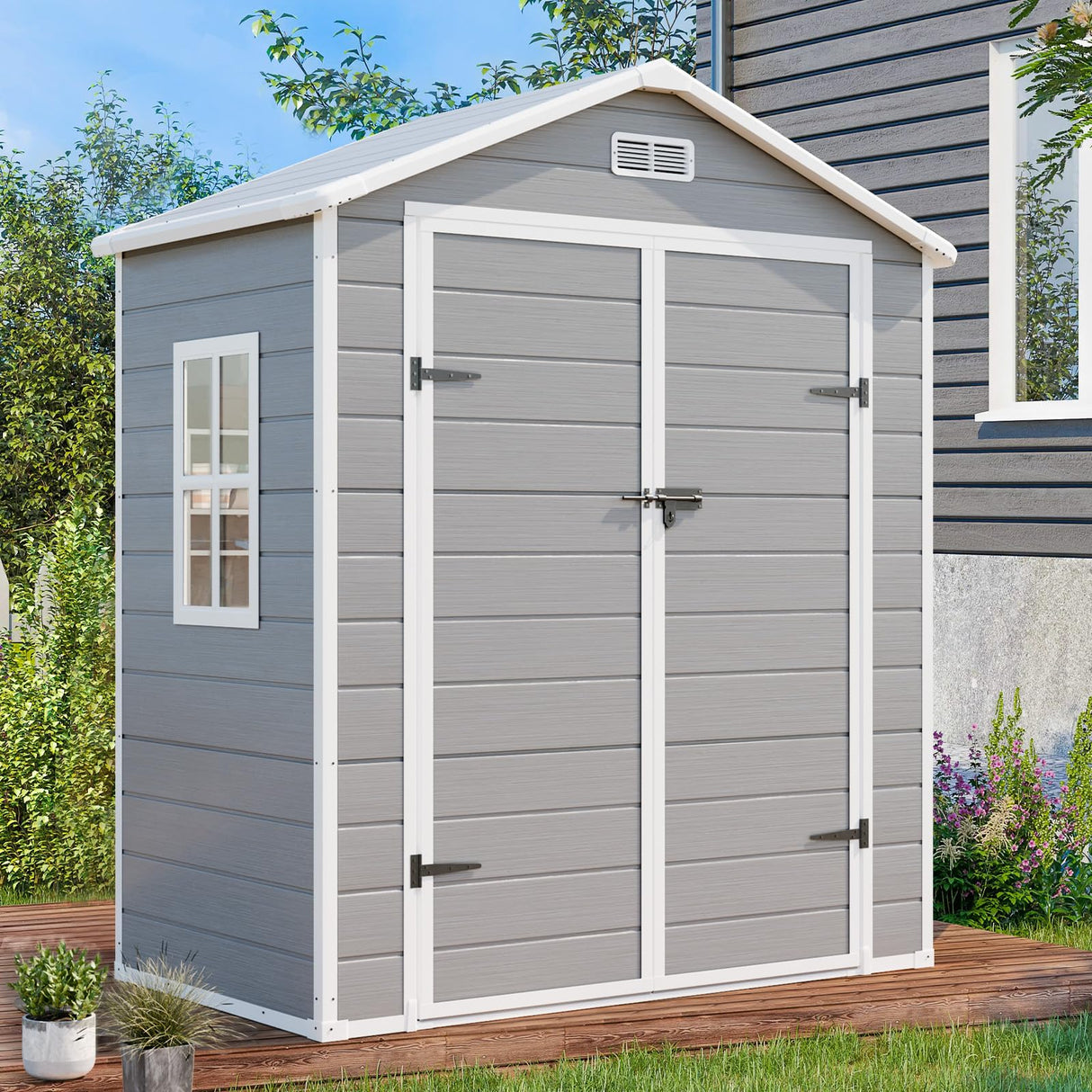 SELLERWE 6x3 FT Resin Storage Shed, Waterproof Outdoor Storage Shed with Floor, Window, Double Lockable Doors & 2 Vents, Tool Shed for Garden Patio, Backyard, Grey SELLERWE
