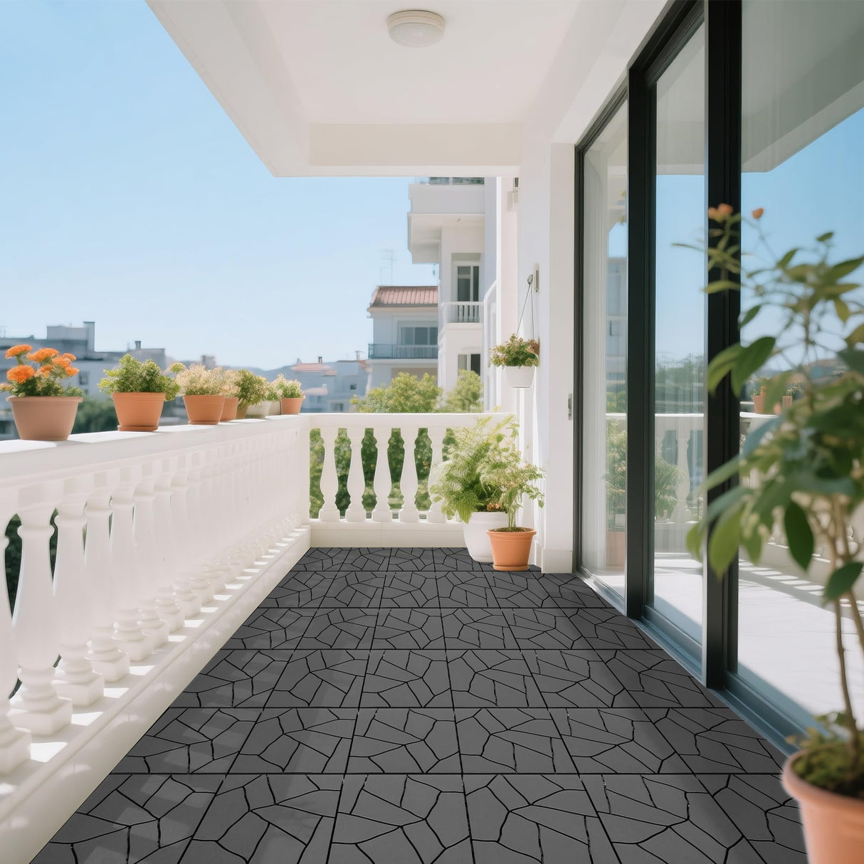 44 Pack Interlocking Deck Tiles, 12"x12" - 44 Sq.Ft Waterproof Plastic Outdoor Flooring, Polypropylene, 3D Wood Grain Plastic, for Patio, Balcony, Backyard, Garden, Dark Grey LINLUOME