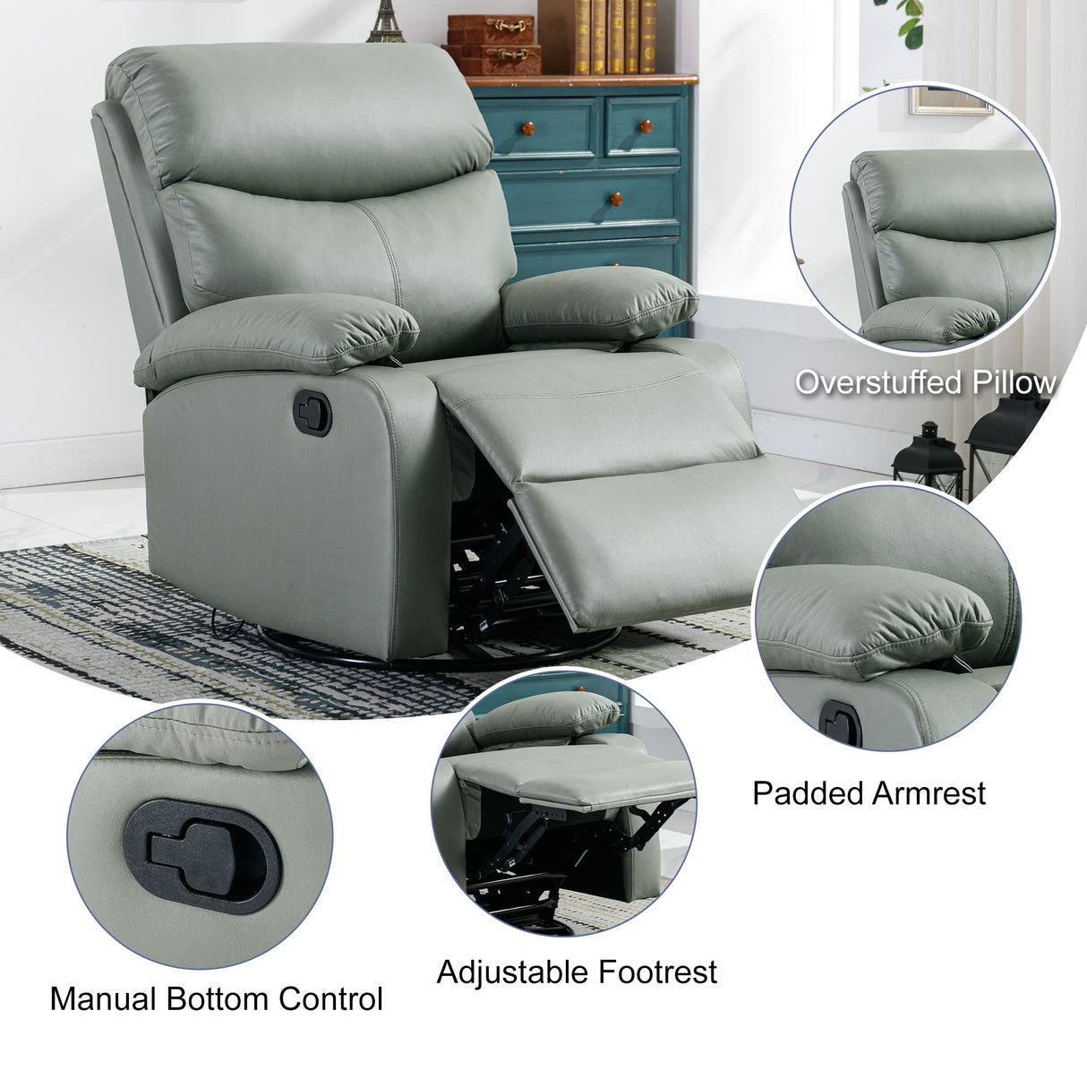 GNMLP2020 Swivel Rocker Recliner Chair for Adults, Rocking Recliner Chair, Manual Small Recliners for Small Spaces, Single Sofa Recliner for Living Room, RV, Green GNMLP2020