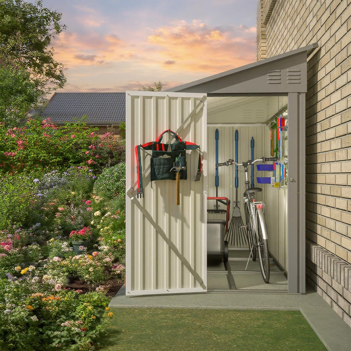 8x4 FT Outdoor Storage Shed, Metal Shed with Lockable Door, Sloping Roof, All-Weather Lean to Resin Shed for Garden, Backyard, Patio, Lawn (Gray) LINKHOO