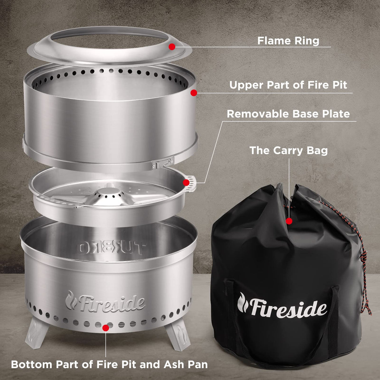 TURBRO 19 Inch Smokeless Fire Pit for Outdoor Wood Burning, Portable 304 Stainless Steel Camping Stove with Stand, Removable Ash Pan, Waterproof Storage Bag, Unique Nested Design, Pluto R19-SS, Silver TURBRO