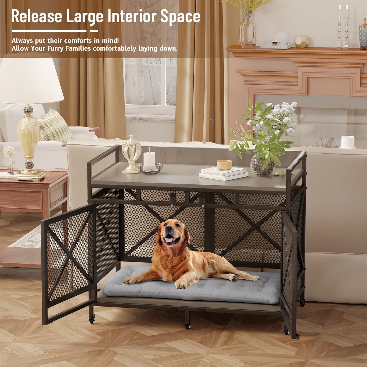 COZPAW Large Dog Crate Furniture, 48 Inch Wooden Dog Kennel for XLarge Dogs, Heavy Duty Dogs Furniture Indoor Wire Dog Cage with Caster Wheels,Decorative Pet House End Table, Textured Gray COZPAW