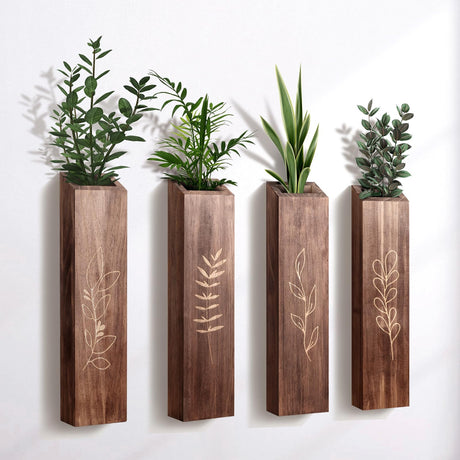 4 Pack Wood Indoor Wall Planter, Modern Wall Decor for Living Room Bedroom, Farmhouse Pocket Wall Vases for Dried Flowers and Faux Greenery Plants - Brown BOTOP