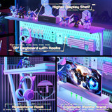 Gaming Computer Desk with Power Outlets, Gaming Desk with Hutch and LED Lights, Reversible PC Gaming Desk with Pegboard, Carbon Fiber White, 47" armocity