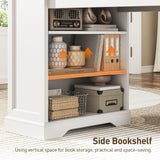 RALGEND 55'' Farmhouse Executive Desk with Drawers, Computer Desk with File Cabinet and Side Bookshelf, Writing Gaming Desk with Monitor Stand & Charging Station, White and Walnut RALGEND