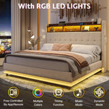 Jocisland Queen Size Bed Frame with Hydraulic Lift Up Storage, 53.1" H Built-in Bookcase & RGB LED Headboard, Velvet Upholstered Wingback Design, No Box Spring Needed, Cream Jocisland