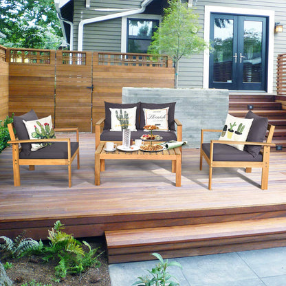 COSTWAY 4 Pieces Outdoor Acacia Wood Sofa Set, Outdoor Conversation Sofa Set with Table & Cushions Porch Chairs for Garden, Patio, Deck - WoodArtSupply