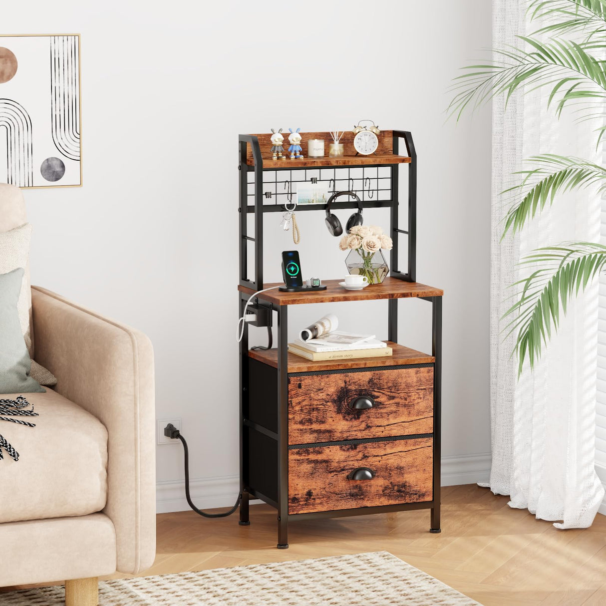 Furologee Tall Nightstand with Charging Station & LED Lights, 41'' Bedside Table with 2 Drawers & Pegboard, White Night Stand with Hooks & Folders, End Table with Shelves for Bedroom/Living Room Furologee