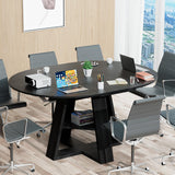 43.3in-59in Extendable Round Conference Table for 4-6 People,Wooden Oval Meeting Room Table with Removable Leaves,Space Saving,Office Table with Storage Shelf for for Office Conference Room Mxtxmy