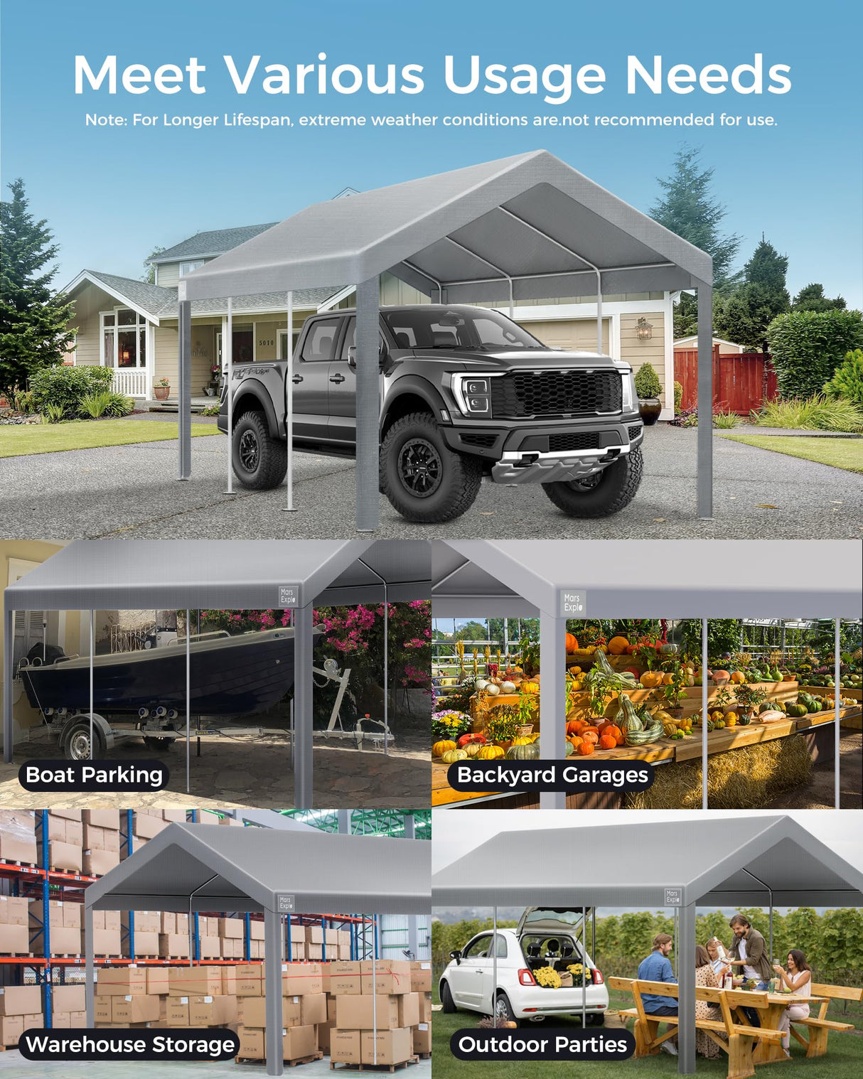 12x20 FT Heavy Duty Carport Replacement Canopy Cover, Durable Waterproof Garage Shelter Top, Car Tent for Outdoor Use, with Ball Bungees for Secure (Gray) Mars Explo