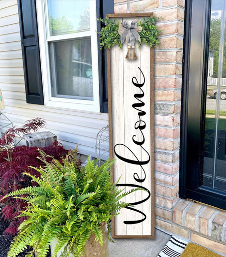 Welcome Sign for Front Porch Standing 45"X9" Large Outdoor Decor Rustic Vertical Leaner Wood Frame Porch Tall Welcome Signs for Farmhouse Outside Front Door Wall Decorations (Wood White) Surfapans
