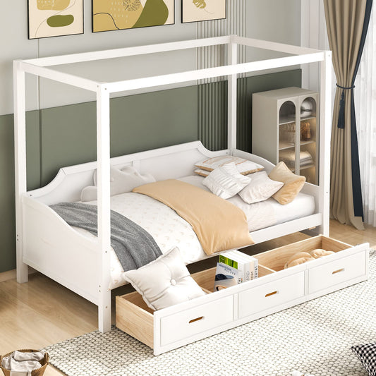 Polibi Wooden Daybed, Twin Size Canopy Daybed with 3 in 1 Drawers (White)