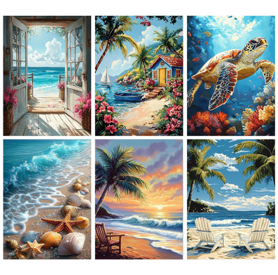 6 Packs Paint by Number for Adults, Beach DIY Acrylic Oil Painting Paint by Numbers Kits on Canvas, Adults Paint by Numbers Kits Drawing Paintwork for Home Decor Gift Sea Turtle 12x16in