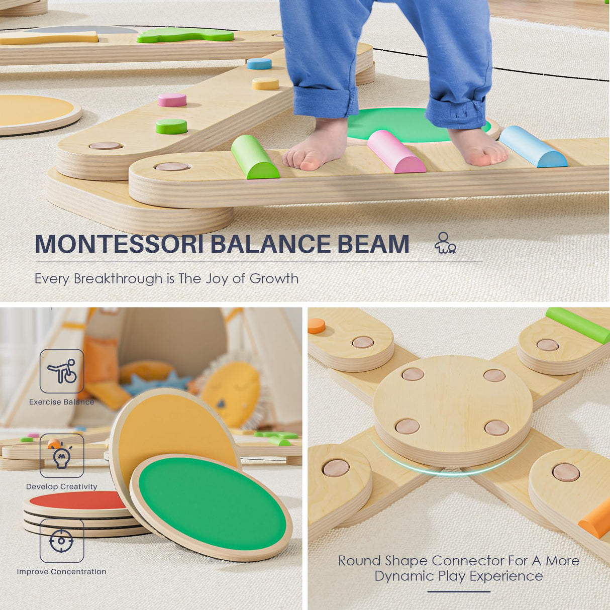 BlueWood 6pcs Balance Beam, Toddler Wood Balance Toy, Montessori Stepping Stones for Girls Boys, Build Coordination and Gross Motor Skills for Kids BlueWood
