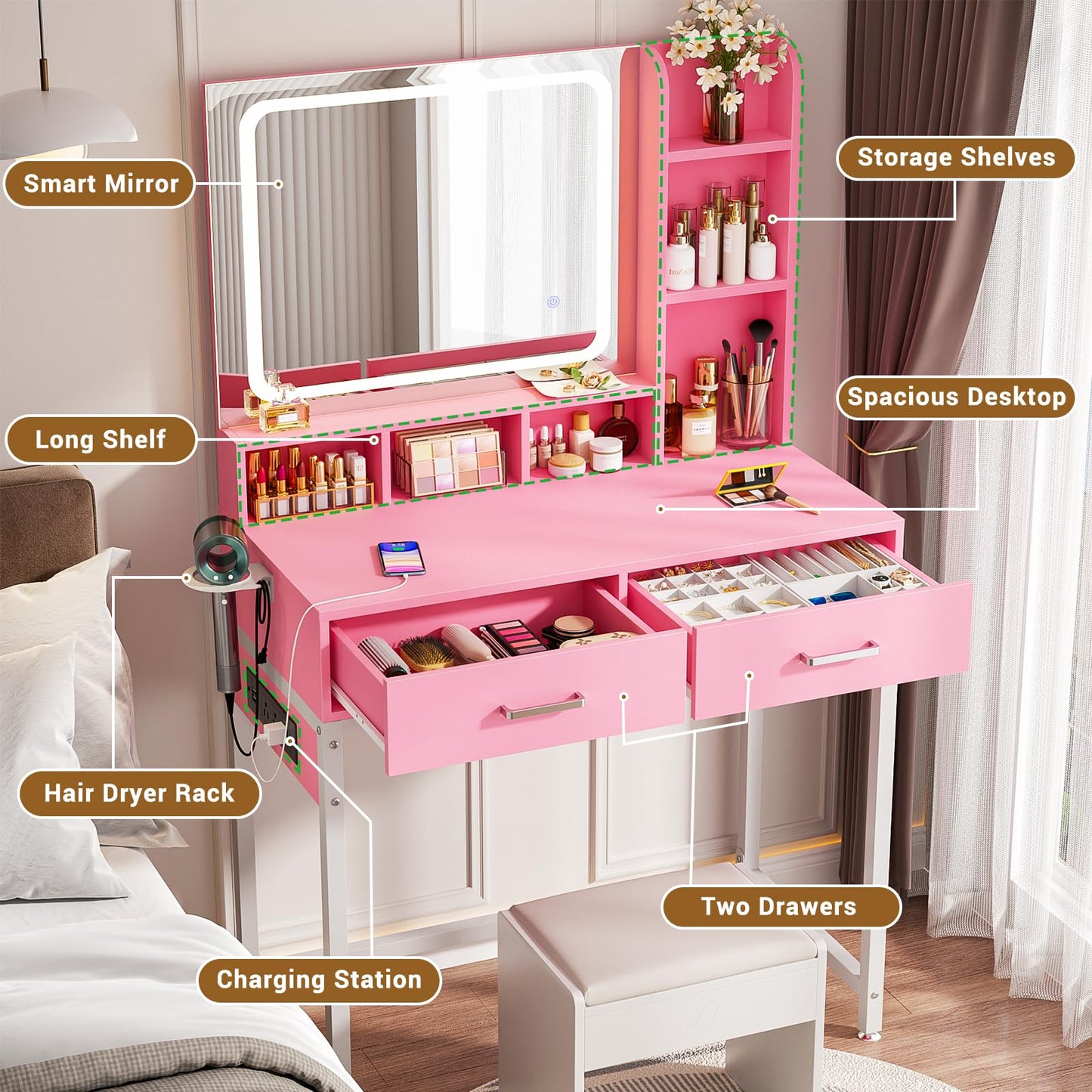 Small Vanity Desk, Vanity Desk with Mirror and Lights, Makeup Vanity Desk with Power Strip, Vanity Table with Drawers and Shelves, Adjustable Lighting, Dressing Table for Bedroom Dressing Room, Pink