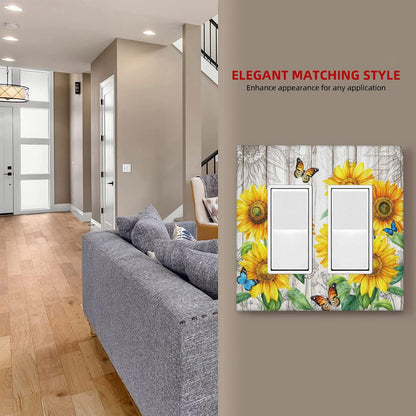 Yamxbfa Rustic Sunflower Farmhouse Floral Wooden Plank Double Rocker Light Switch Cover 2 Gang Outlet Wall Plate Decorative GFCI Switchplate Electrical Faceplate for Farmhouse Bedroom Bathroo - WoodArtSupply