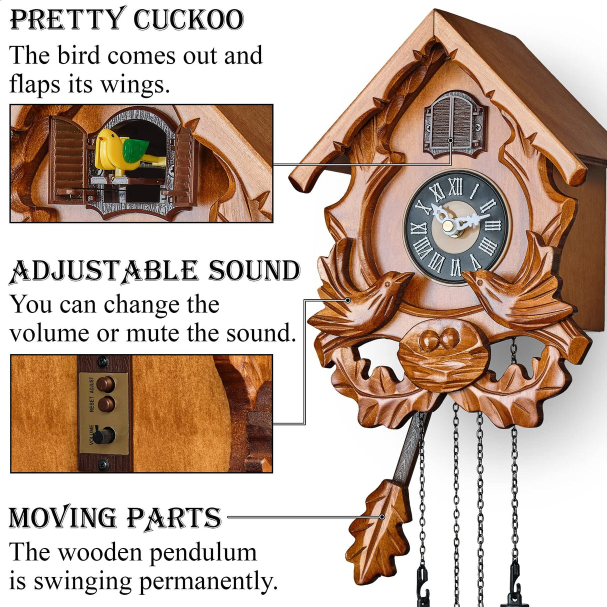 TIMEGEAR Cuckoo Clock with Night Mode, Singing Bird and Carved Wood Decorations (Cherry) TIMEGEAR