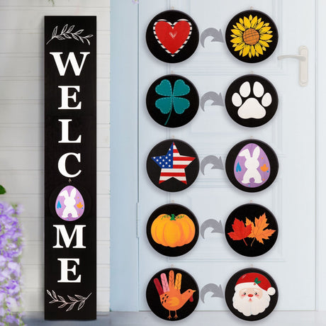 Welcome Sign for Front Door, 47 x 7.9 Wooden Sign with 10 Interchangeable Icons for Porch Standing, Farmhouse Seasonal Decor (Black) PERFNIQUE