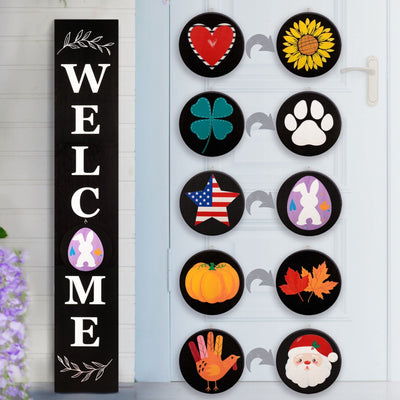 Welcome Sign for Front Door, 47 x 7.9 Wooden Sign with 10 Interchangeable Icons for Porch Standing, Farmhouse Seasonal Decor (Black)