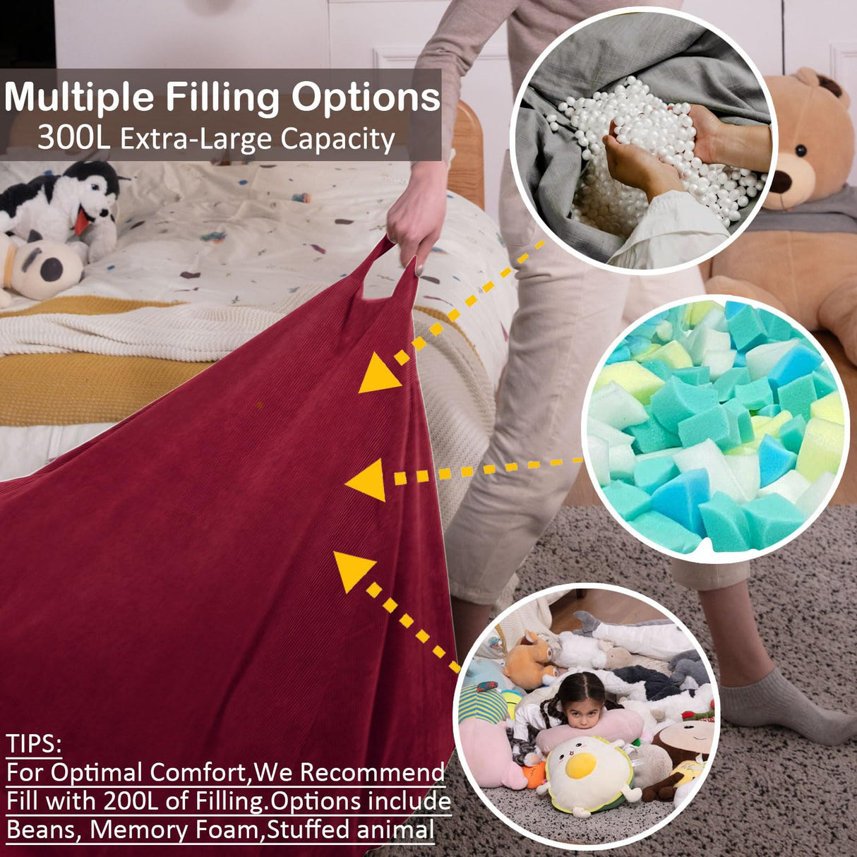 Nobildonna 3 ft Bean Bag Chair Cover (No Filler) 35"×43" Large Stuffed Animal Storage Bean Bag Washable Big Beanbag Chair Cover Premium Corduroy Bean Bag Cover for Adults,Kids,Wine Red 300L Nobildonna