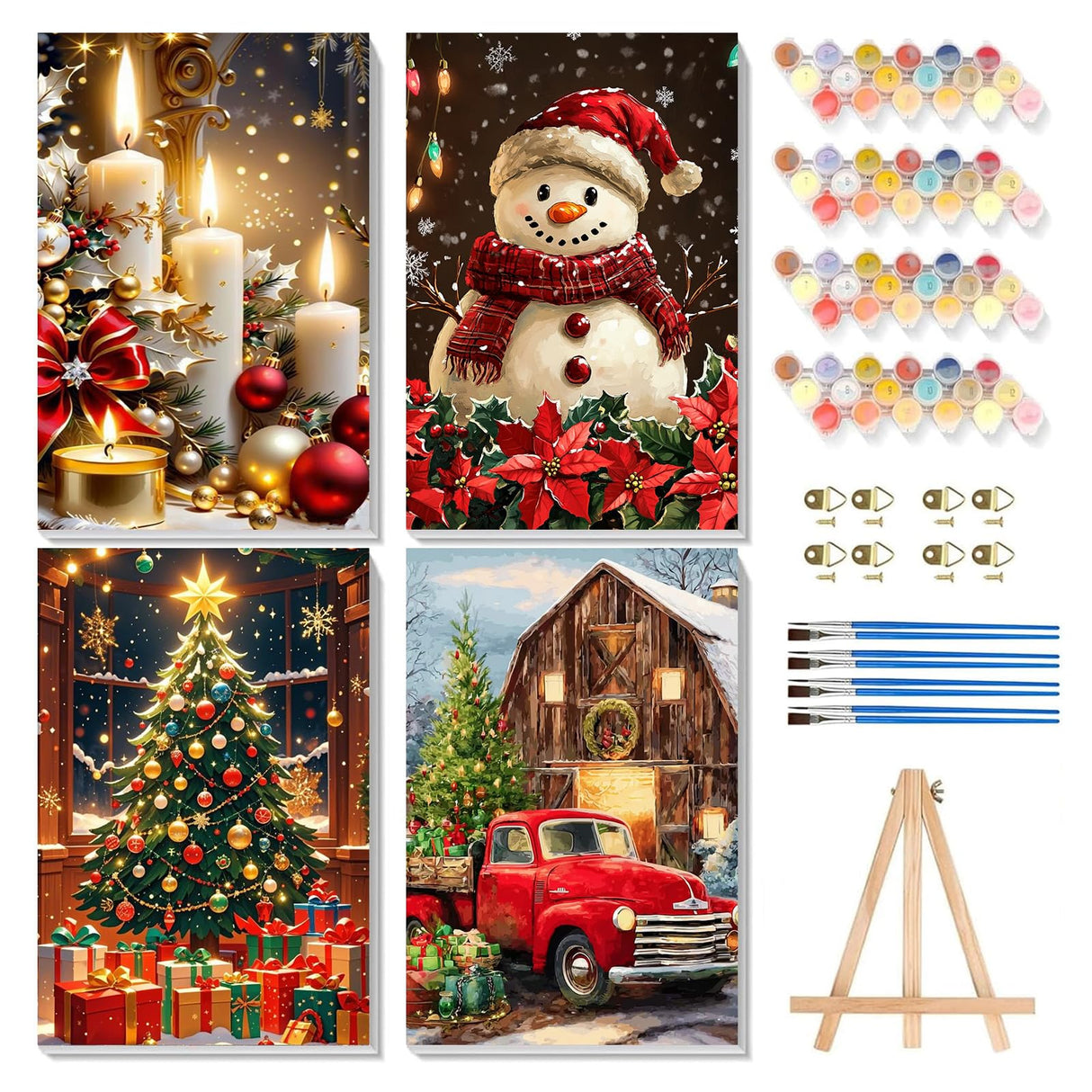 Reivworl 4 Pack Framed Paint by Numbers for Adults with Wooden Easel, Christmas Paint by Numbers Kit for Adults Beginner, Acrylic Painting by Number for Home Decor 8X12 Inch Reivworl