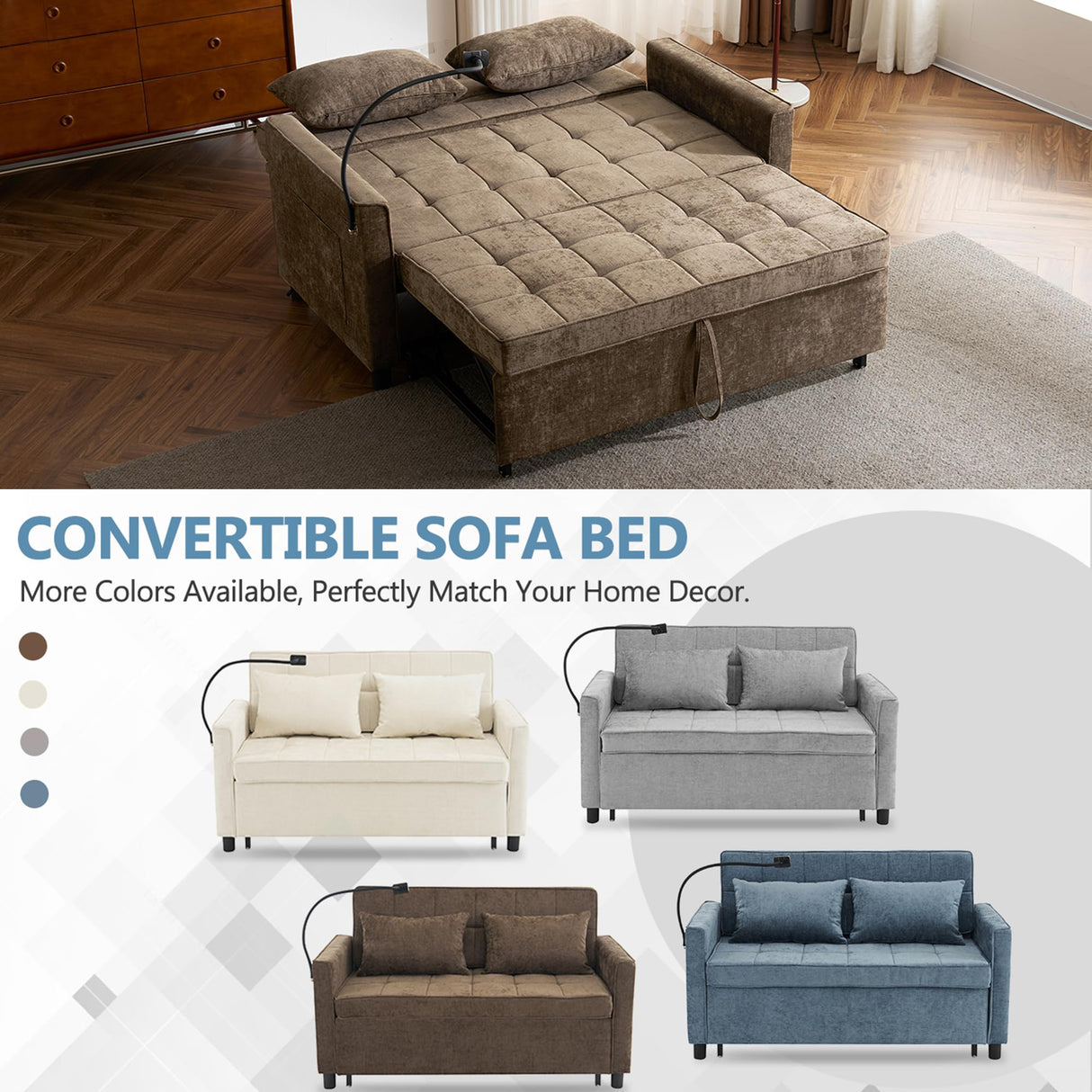 Harper & Bright Designs 56.9" Modern Convertible Sleeper Sofa Bed Loveseat Sofa Couch with a Reversible Backrest Cushion, Side Pockets, Two USB Ports and a Phone Holder for Living Room, Brown Harper & Bright Designs