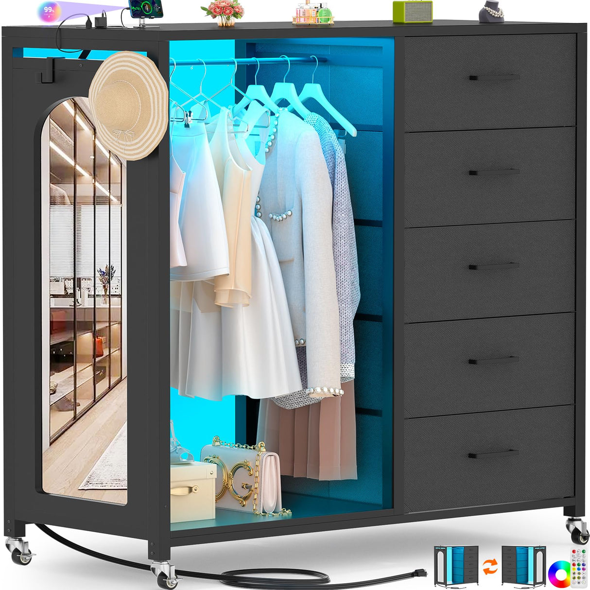 Cyclysio Dresser for Bedroom with Clothes Rack & Mirror, Black 5 Drawers Dresser with Charging Station & LED Lights, Rolling Chest of Drawers with Wheels, Full Length Mirror, Wooden Top,Bedroom,Closet Cyclysio