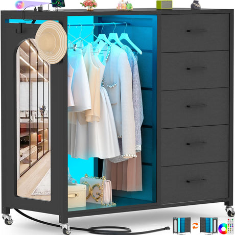 Cyclysio Dresser for Bedroom with Clothes Rack & Mirror, Black 5 Drawers Dresser with Charging Station & LED Lights, Rolling Chest of Drawers with Wheels, Full Length Mirror, Wooden Top,Bedroom,Closet Cyclysio